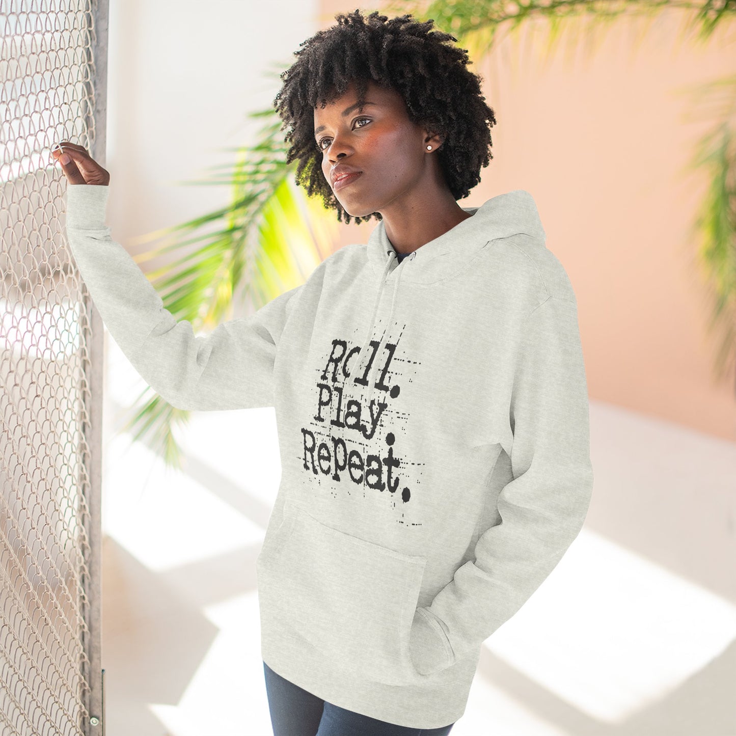 A Roll.Play.Repeat. Fleece Hoodie for Gamers, Casual Wear, Gifts for Friends, Cozy Apparel, Gamer Merchandise