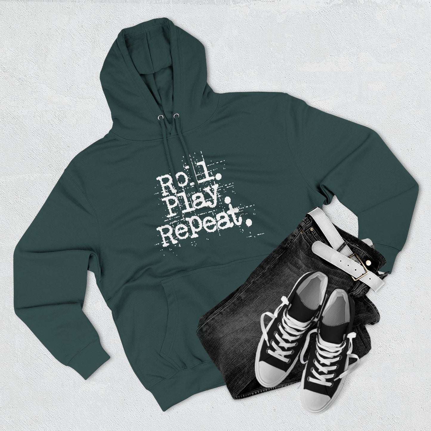 A Roll.Play.Repeat. Fleece Hoodie for Gamers, Casual Wear, Gifts for Friends, Cozy Apparel, Gamer Merchandise
