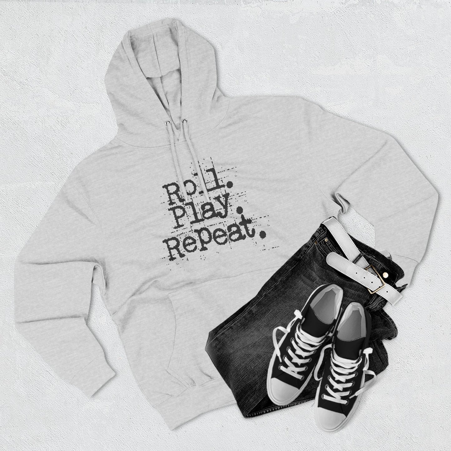 A Roll.Play.Repeat. Fleece Hoodie for Gamers, Casual Wear, Gifts for Friends, Cozy Apparel, Gamer Merchandise