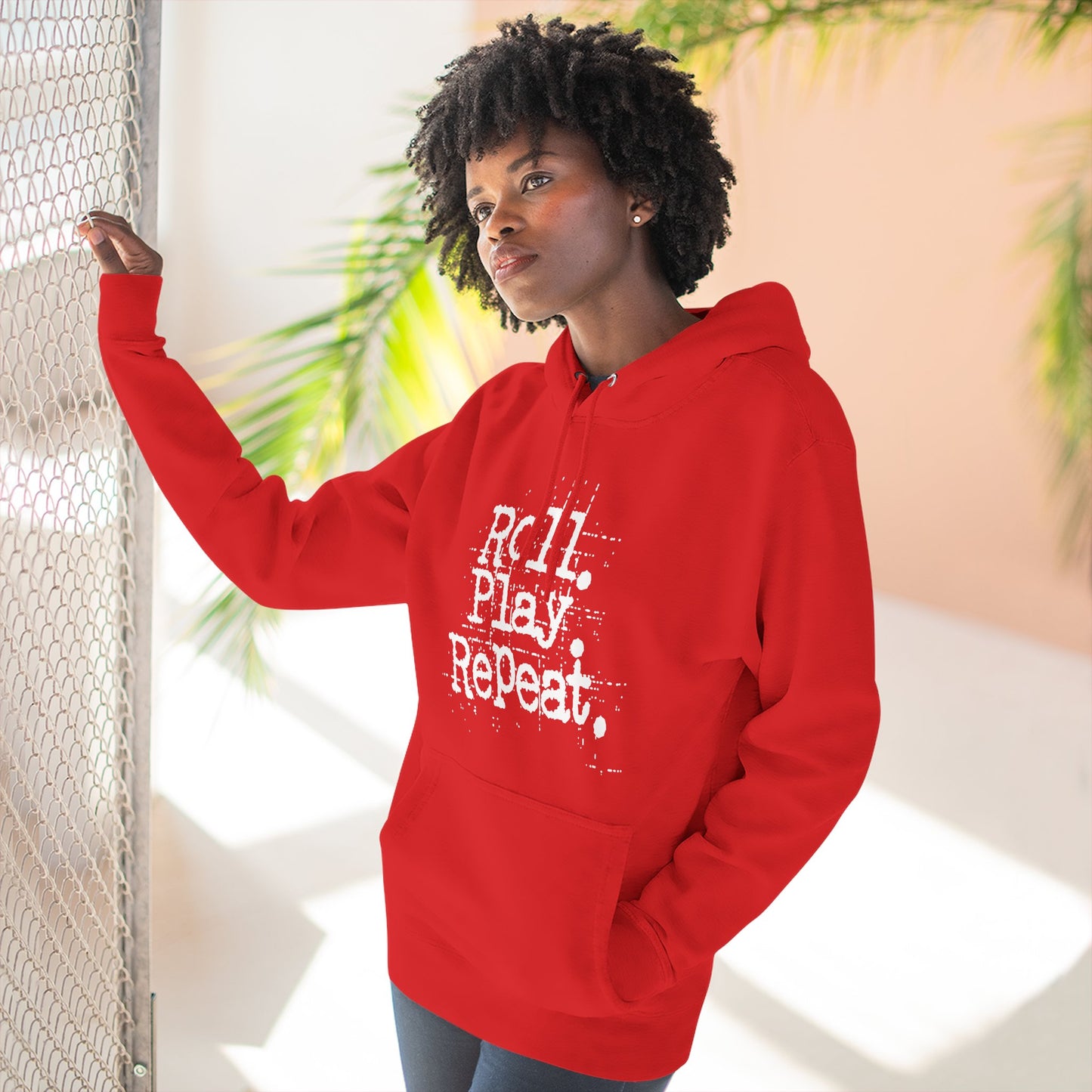 A Roll.Play.Repeat. Fleece Hoodie for Gamers, Casual Wear, Gifts for Friends, Cozy Apparel, Gamer Merchandise