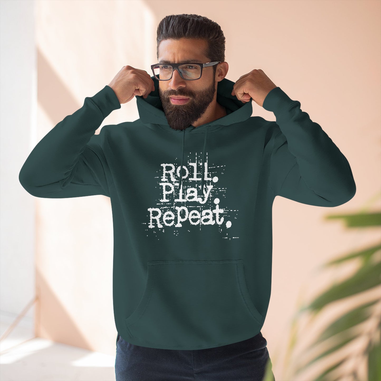 A Roll.Play.Repeat. Fleece Hoodie for Gamers, Casual Wear, Gifts for Friends, Cozy Apparel, Gamer Merchandise