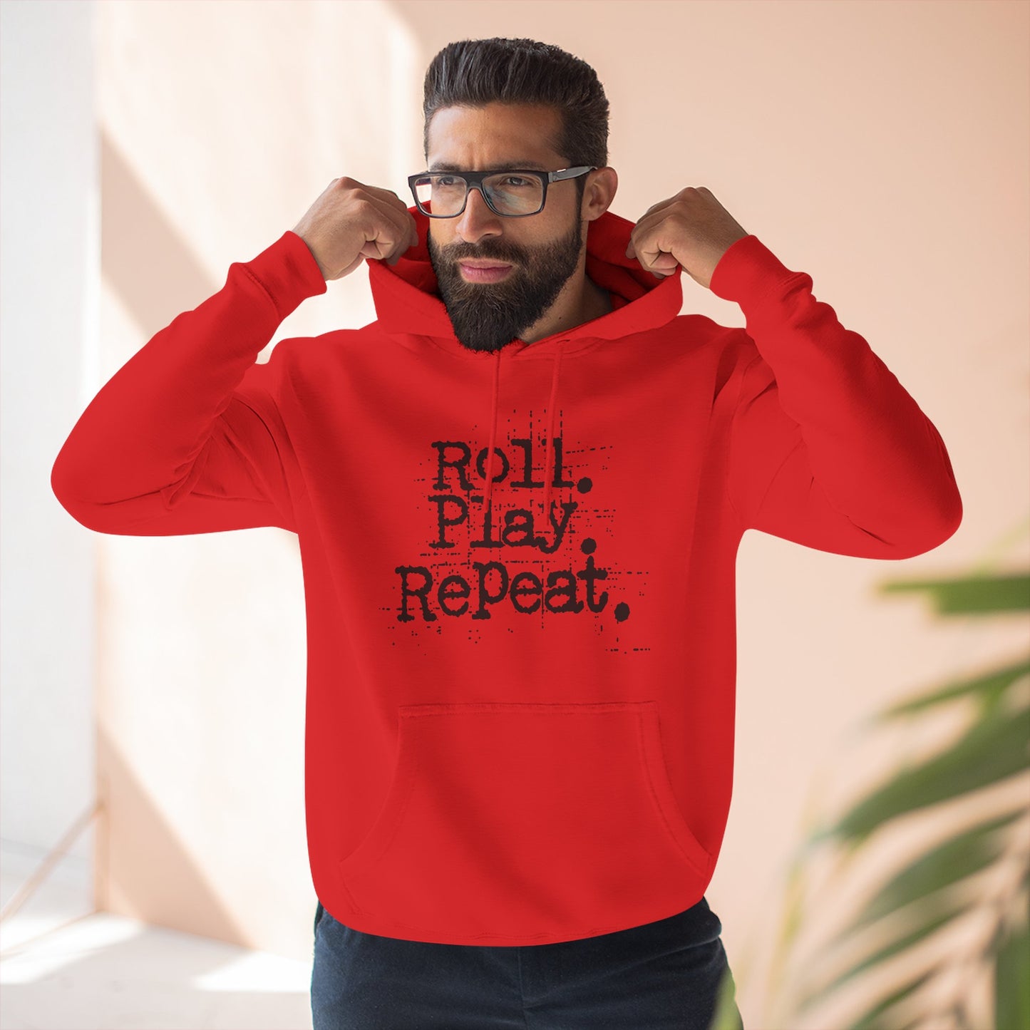 A Roll.Play.Repeat. Fleece Hoodie for Gamers, Casual Wear, Gifts for Friends, Cozy Apparel, Gamer Merchandise