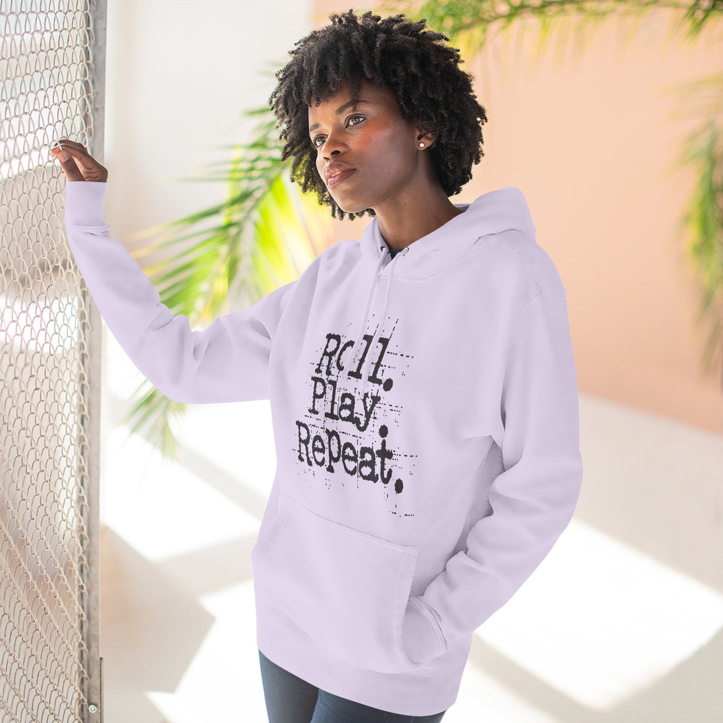 A Roll.Play.Repeat. Fleece Hoodie for Gamers, Casual Wear, Gifts for Friends, Cozy Apparel, Gamer Merchandise