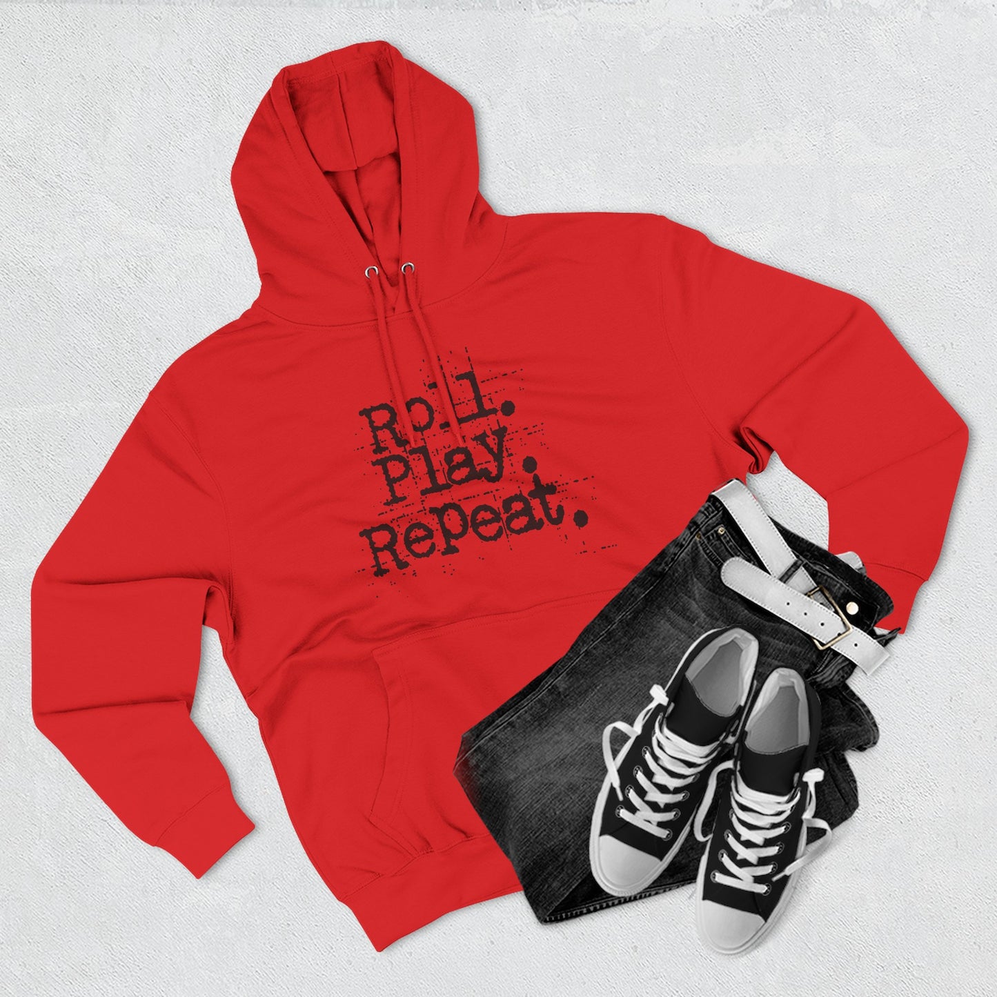 A Roll.Play.Repeat. Fleece Hoodie for Gamers, Casual Wear, Gifts for Friends, Cozy Apparel, Gamer Merchandise