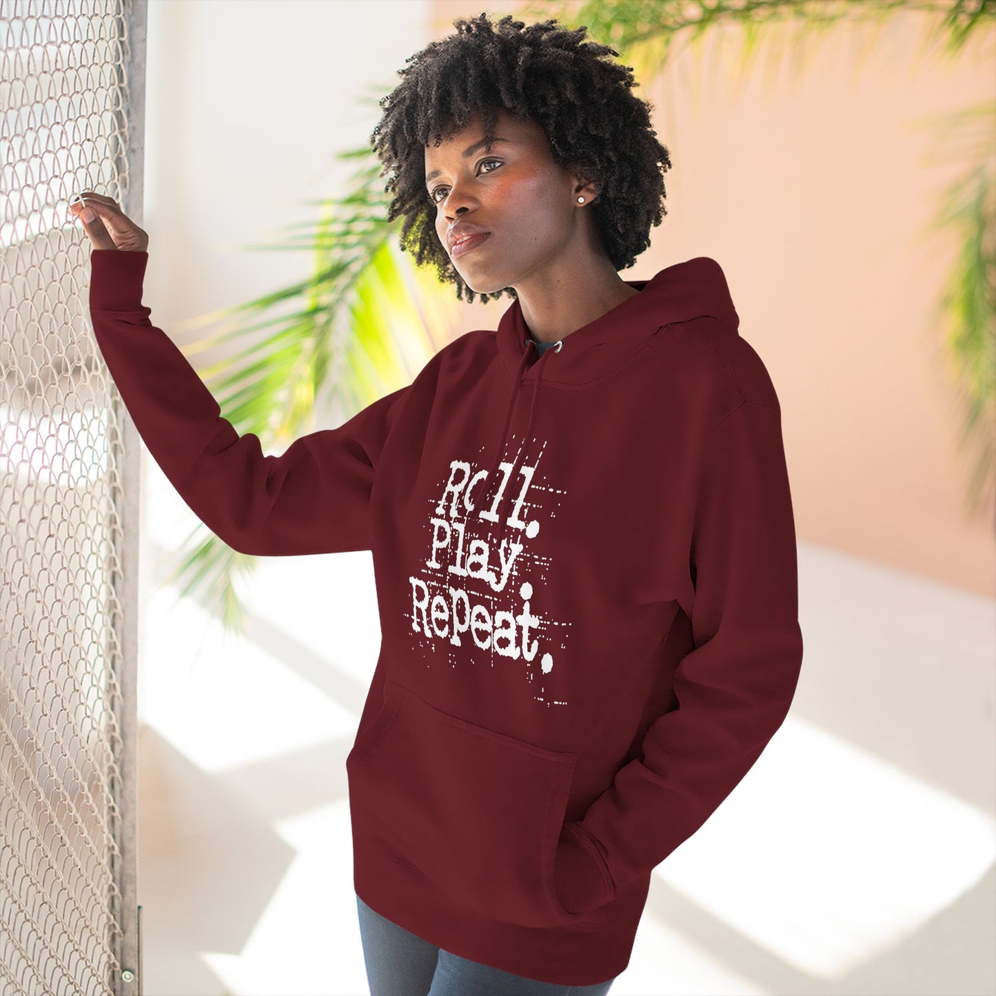 A Roll.Play.Repeat. Fleece Hoodie for Gamers, Casual Wear, Gifts for Friends, Cozy Apparel, Gamer Merchandise