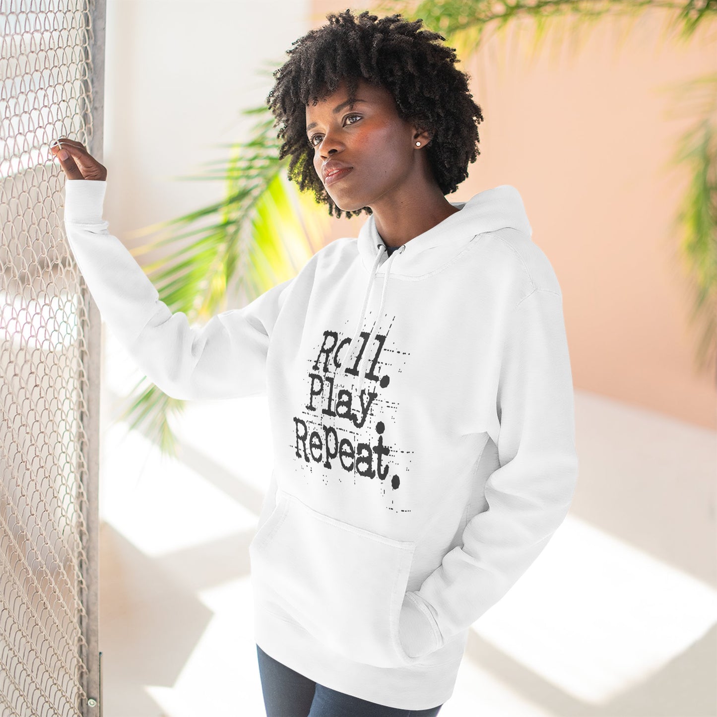 A Roll.Play.Repeat. Fleece Hoodie for Gamers, Casual Wear, Gifts for Friends, Cozy Apparel, Gamer Merchandise
