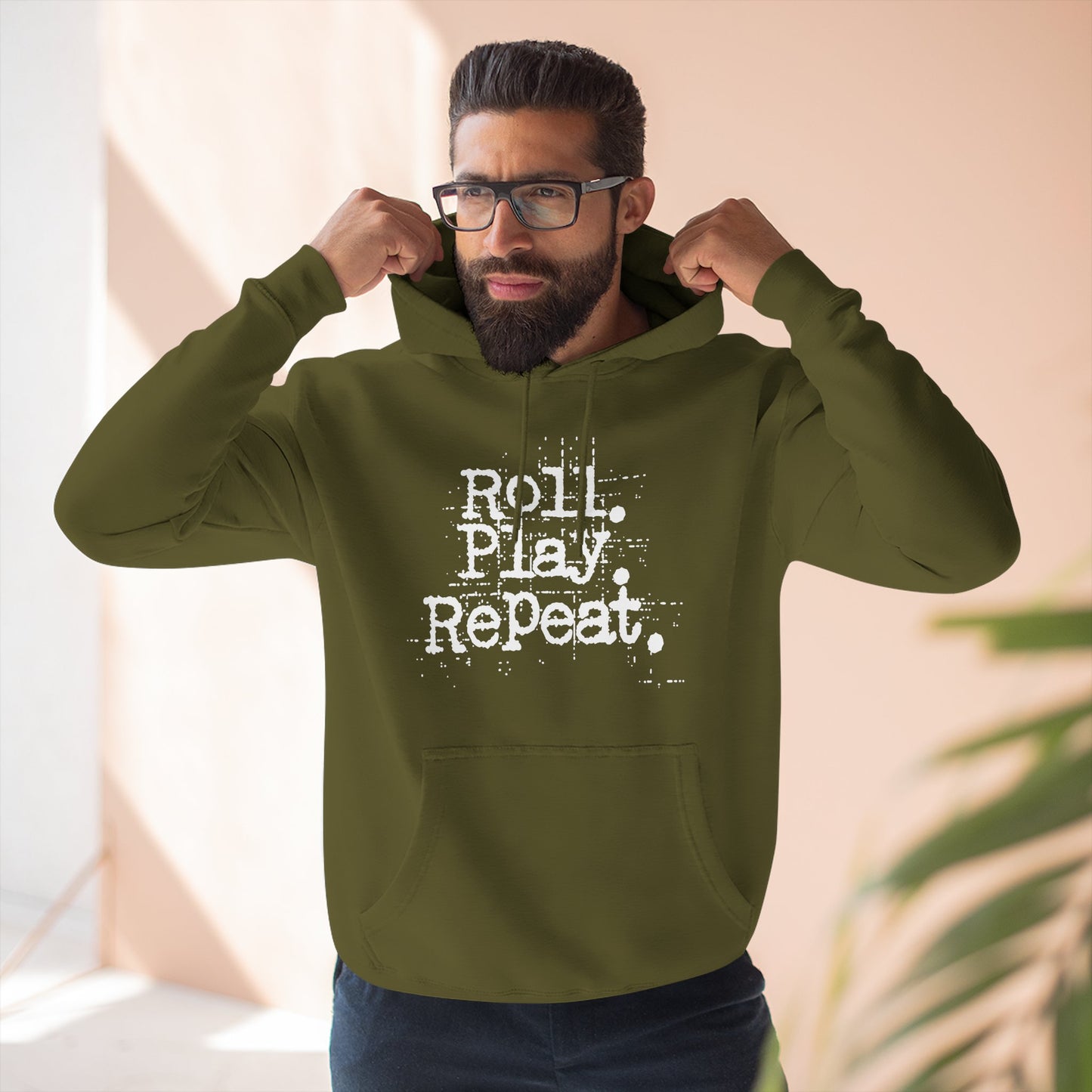 A Roll.Play.Repeat. Fleece Hoodie for Gamers, Casual Wear, Gifts for Friends, Cozy Apparel, Gamer Merchandise