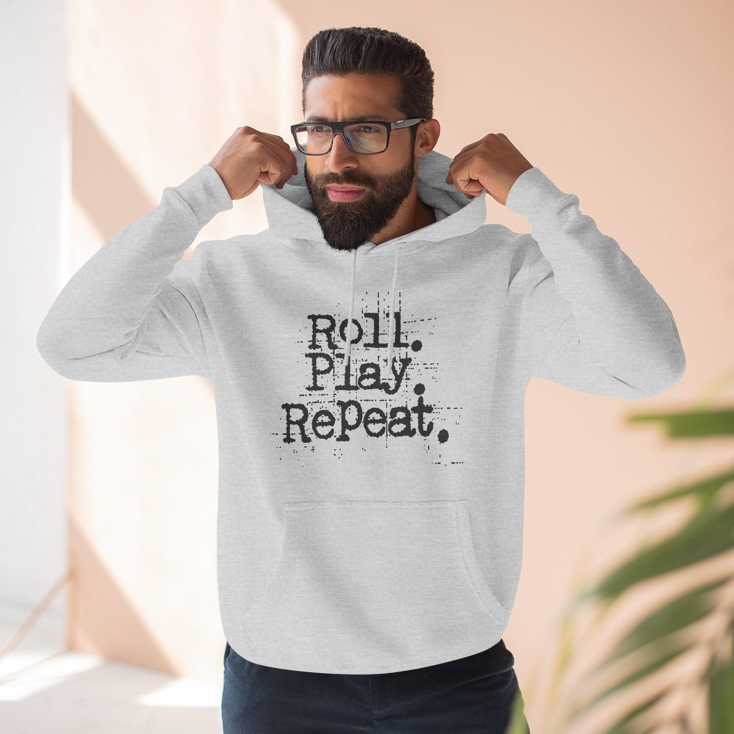 A Roll.Play.Repeat. Fleece Hoodie for Gamers, Casual Wear, Gifts for Friends, Cozy Apparel, Gamer Merchandise
