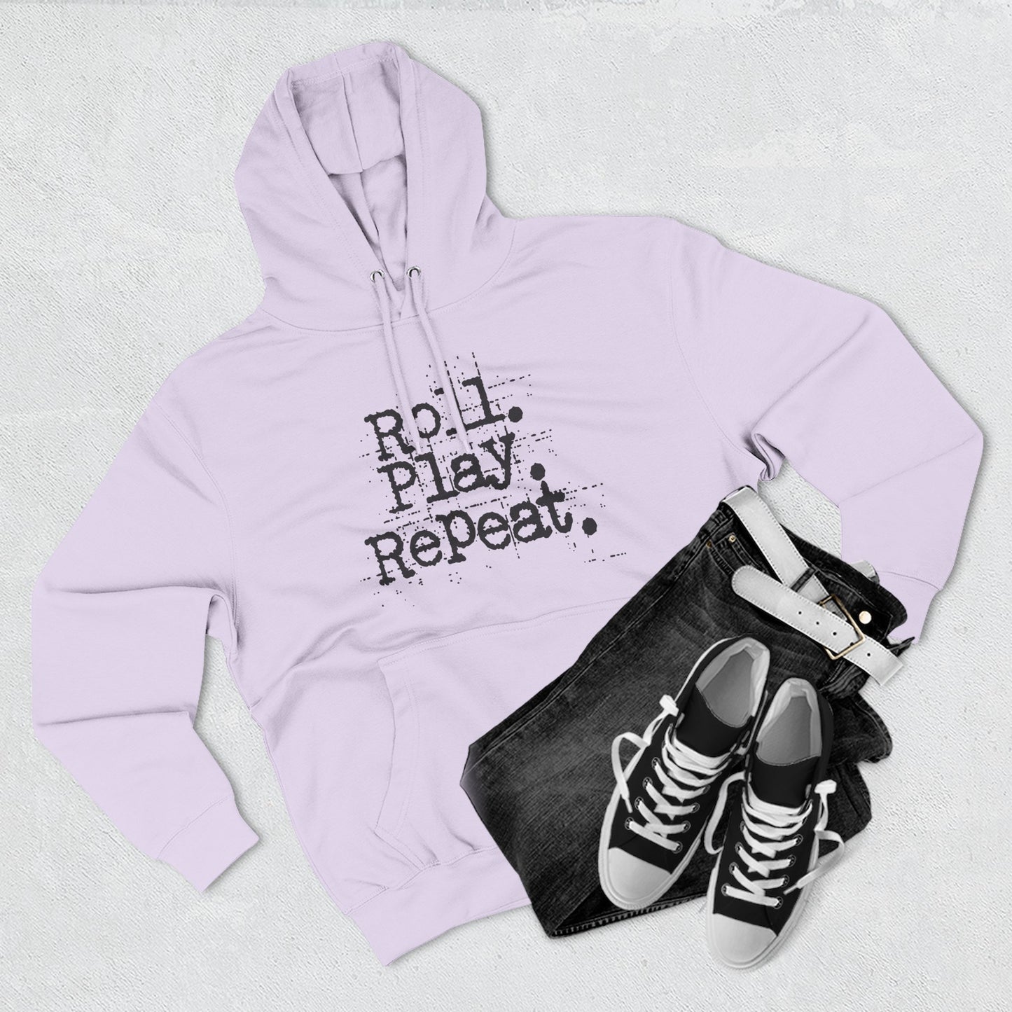 A Roll.Play.Repeat. Fleece Hoodie for Gamers, Casual Wear, Gifts for Friends, Cozy Apparel, Gamer Merchandise