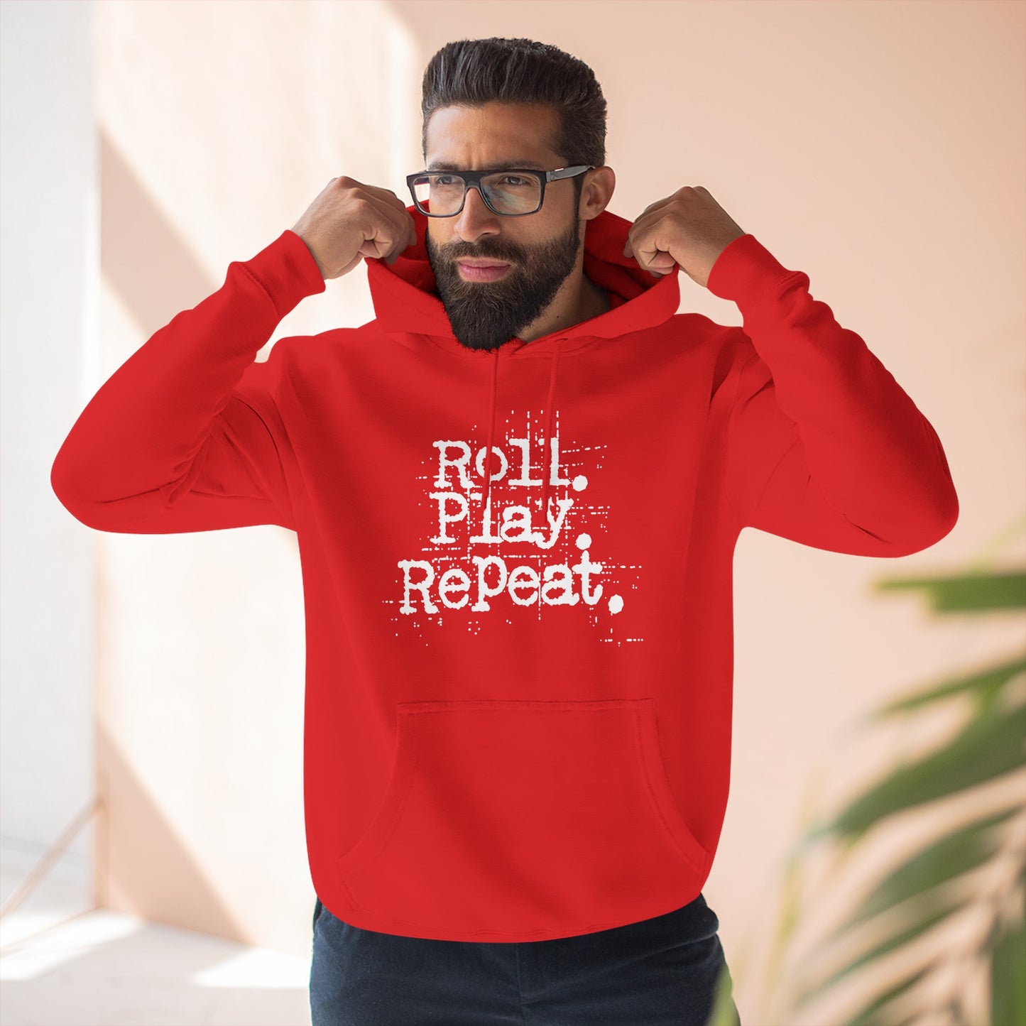 A Roll.Play.Repeat. Fleece Hoodie for Gamers, Casual Wear, Gifts for Friends, Cozy Apparel, Gamer Merchandise
