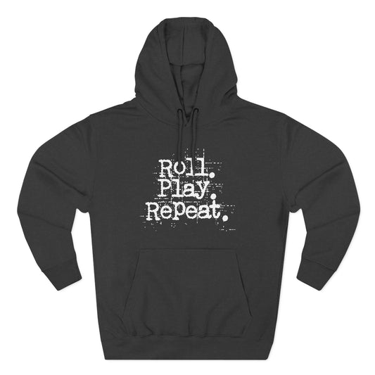 A Roll.Play.Repeat.  Fleece Hoodie for Gamers, Casual Wear, Gifts for Friends, Cozy Apparel, Gamer Merchandise